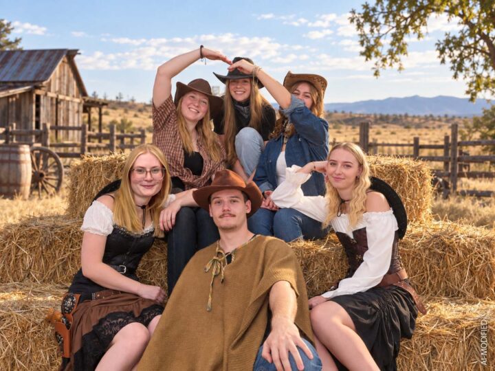 5 Frauen und ein Mann in Westernkleidung sitzen auf Strohballen. Im Hintergrund eine Landschaft und ein Holzhaus.